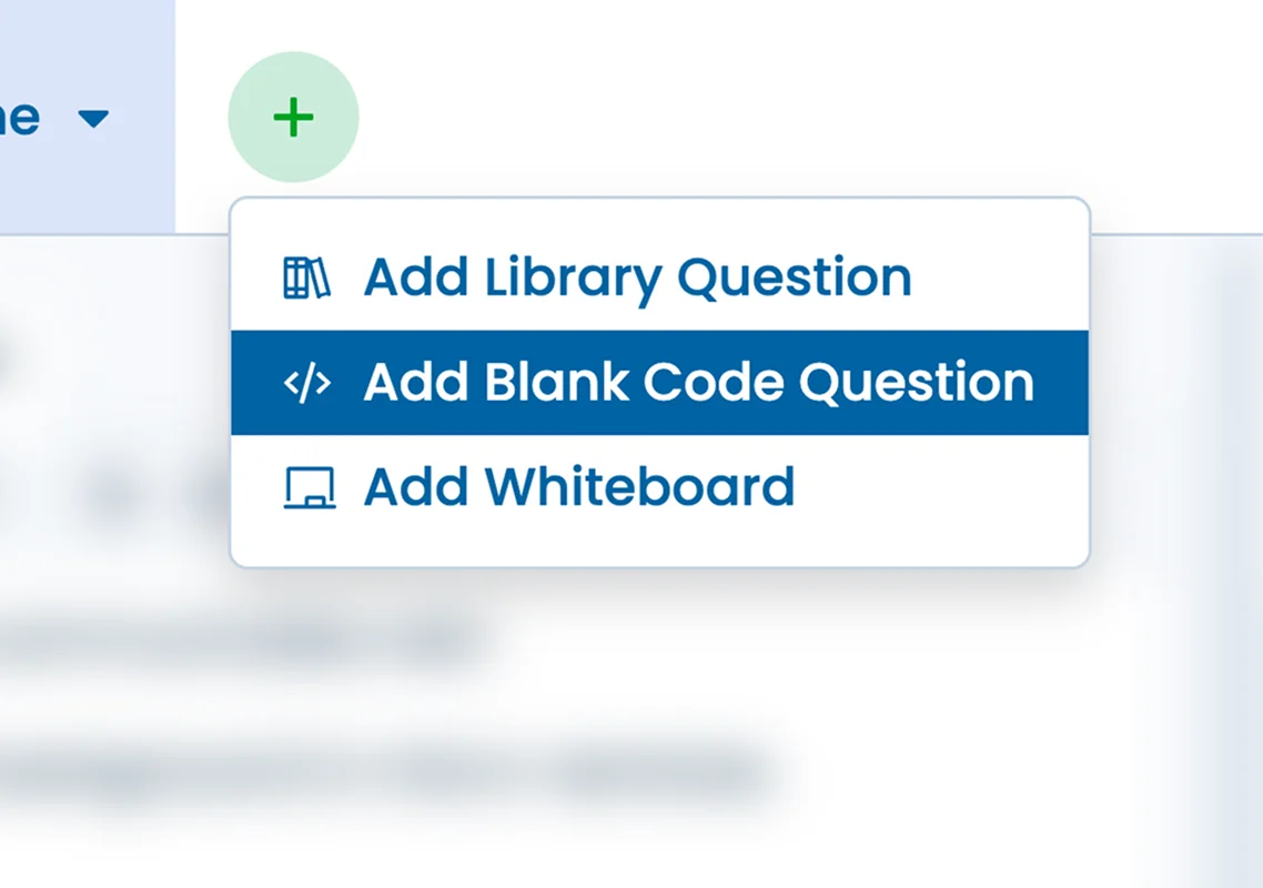 Illustration of the dropdown highlighting the "Add Blank Code Question" option.