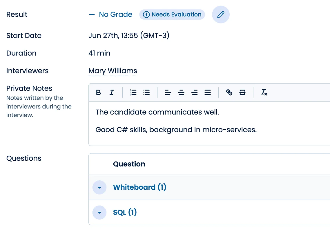 Illustration of the candidate report with the sections: result, start date, duration, interviews, private notes, and questions.