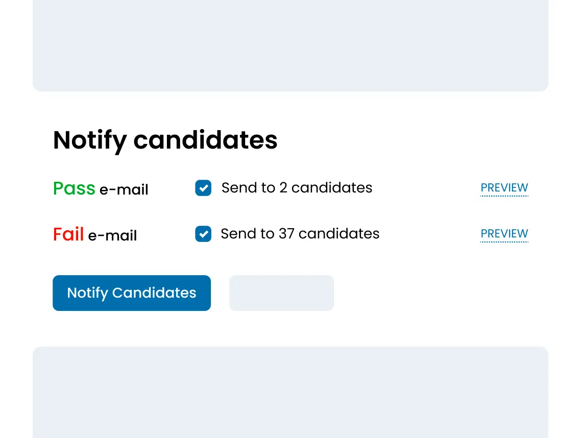 Illustration of the candidate notification feature splitting by pass/fail.