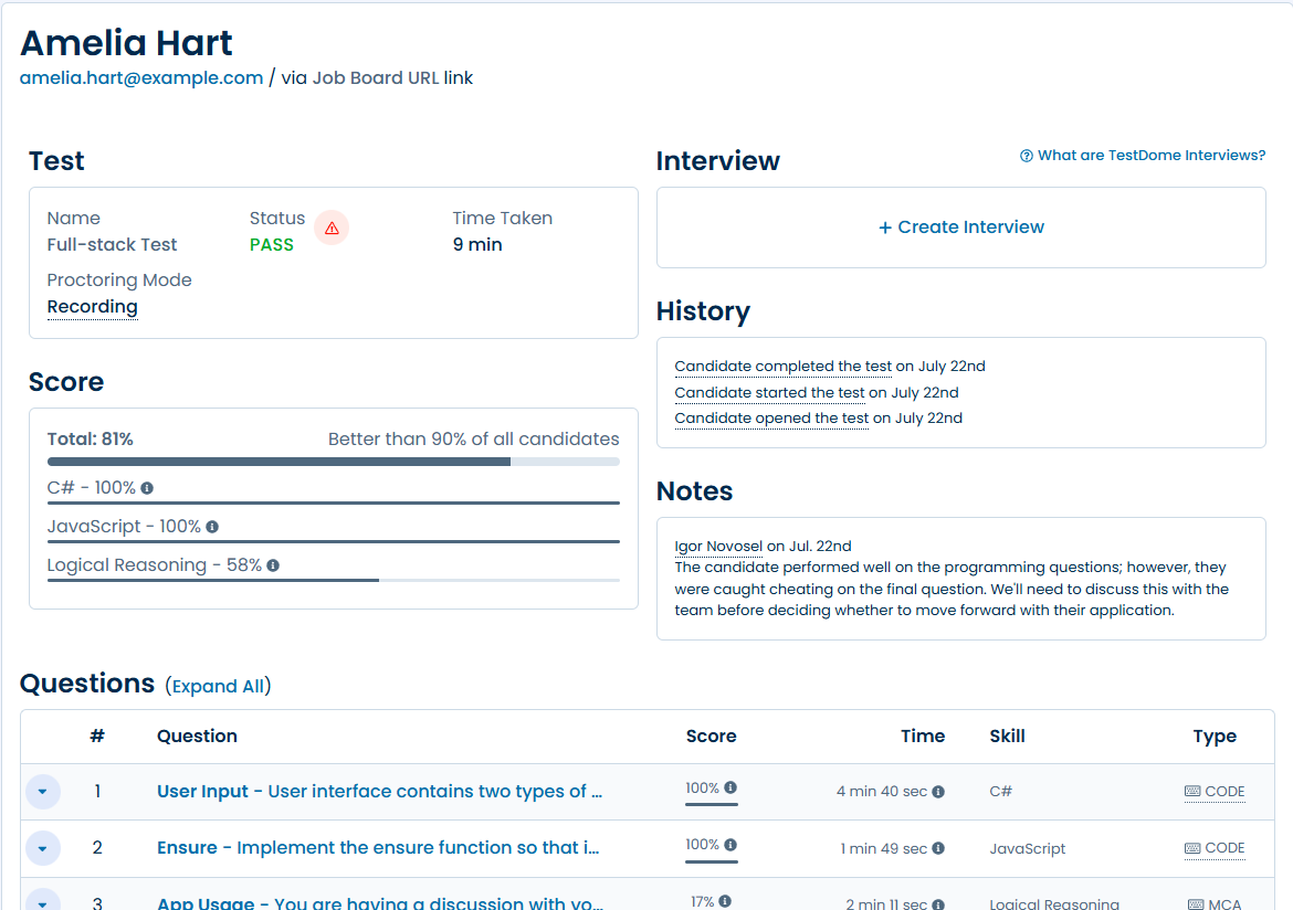 Candidate report sample screenshot