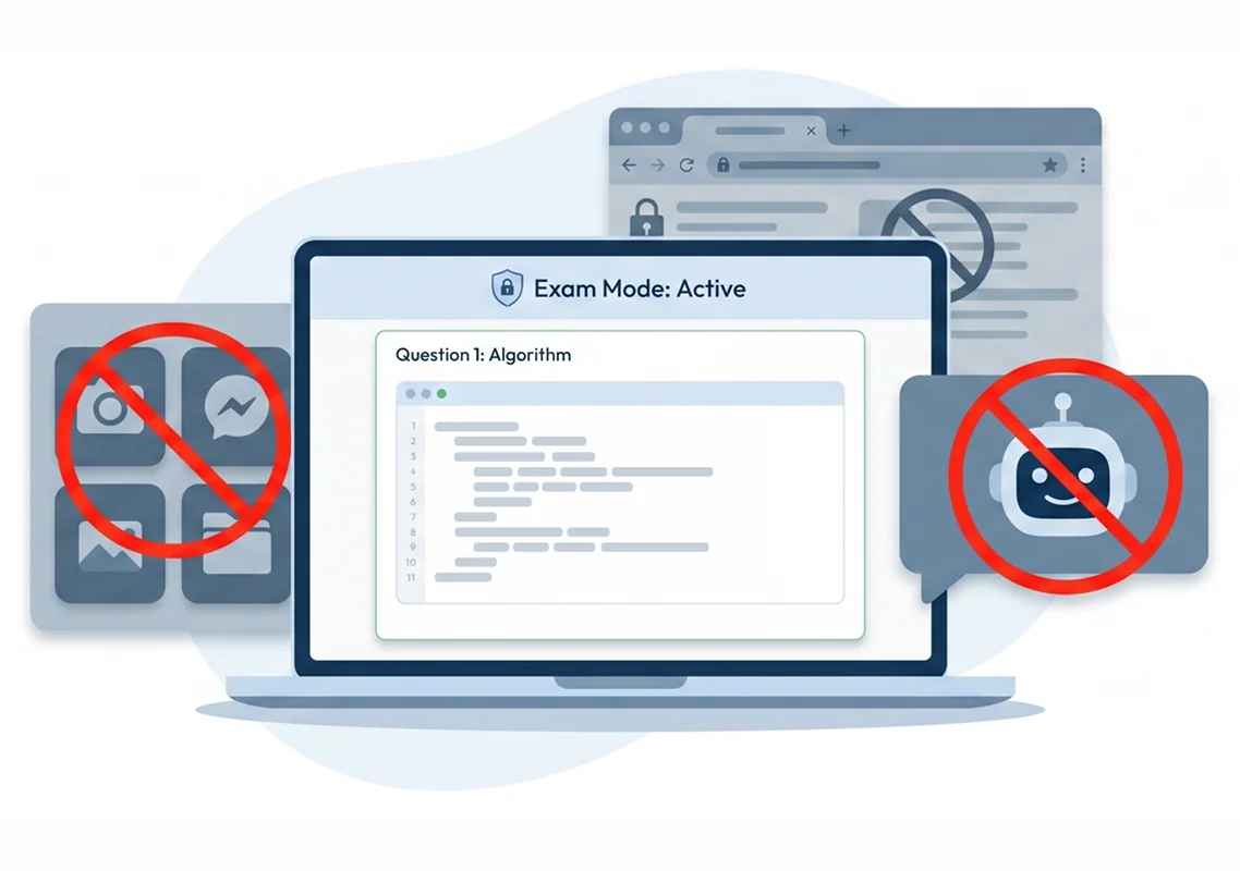 Illustration of Safe Exam Browser locking down a live interview.