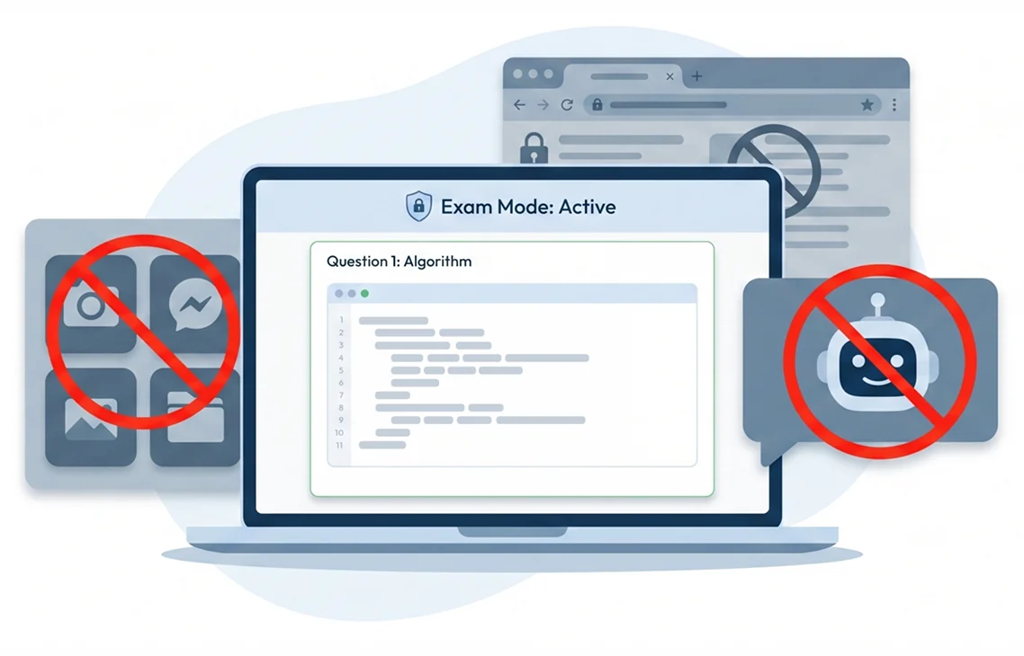 Illustration of Safe Exam Browser locking down a candidate's screen.